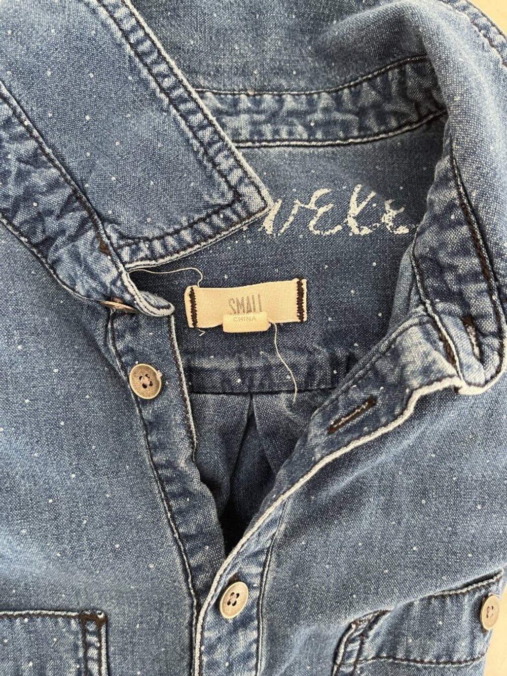 Madewell Polka Dot Denim Long Sleeve Collared Button Shirt - Picture 6 of 7